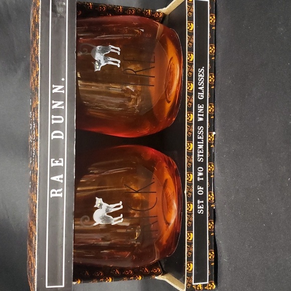 Rae Dunn NWT "TRICK" and "TREAT" Set/2 Stemless Orange Wine Glasses - Picture 1 of 6